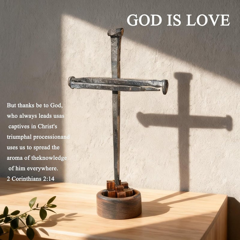 LeMeeOly Jesus Christ Crucifixion Nail Metal Cross Wooden Base, Baptism & Religious Gifts for Men Women,Christian Home Decor (Aroma Diffuser Wood) - Image 2